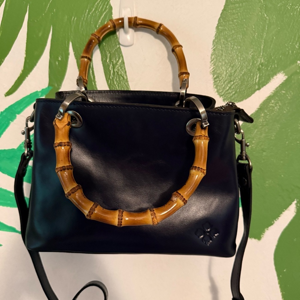 Patricia Nash Navy Leather Satchel with Bamboo Handles - Picture 2 of 9